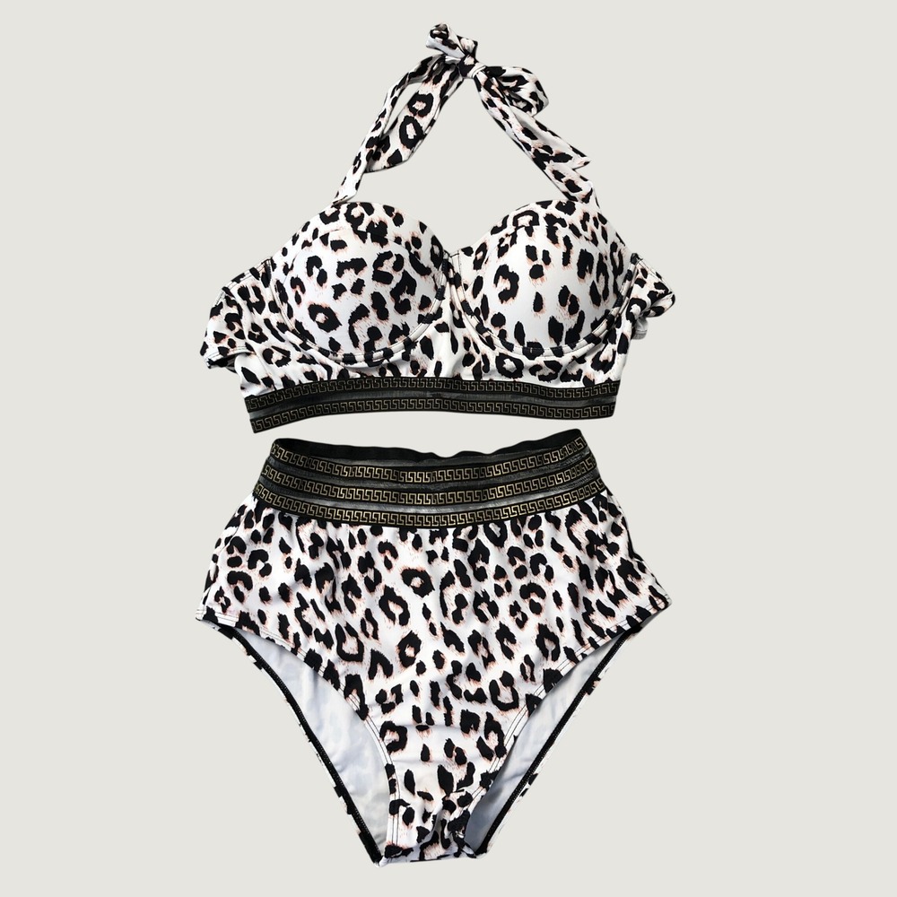 Unbranded Bikini Set‎ Women Large White Leopard High Waist Greek Key Underwire